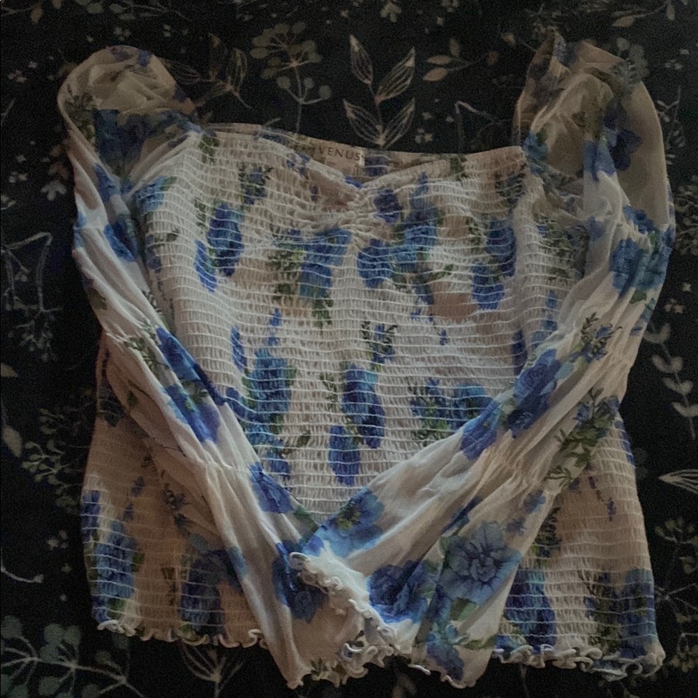 VENUS Blue and White Smocked Tie Front Blouse